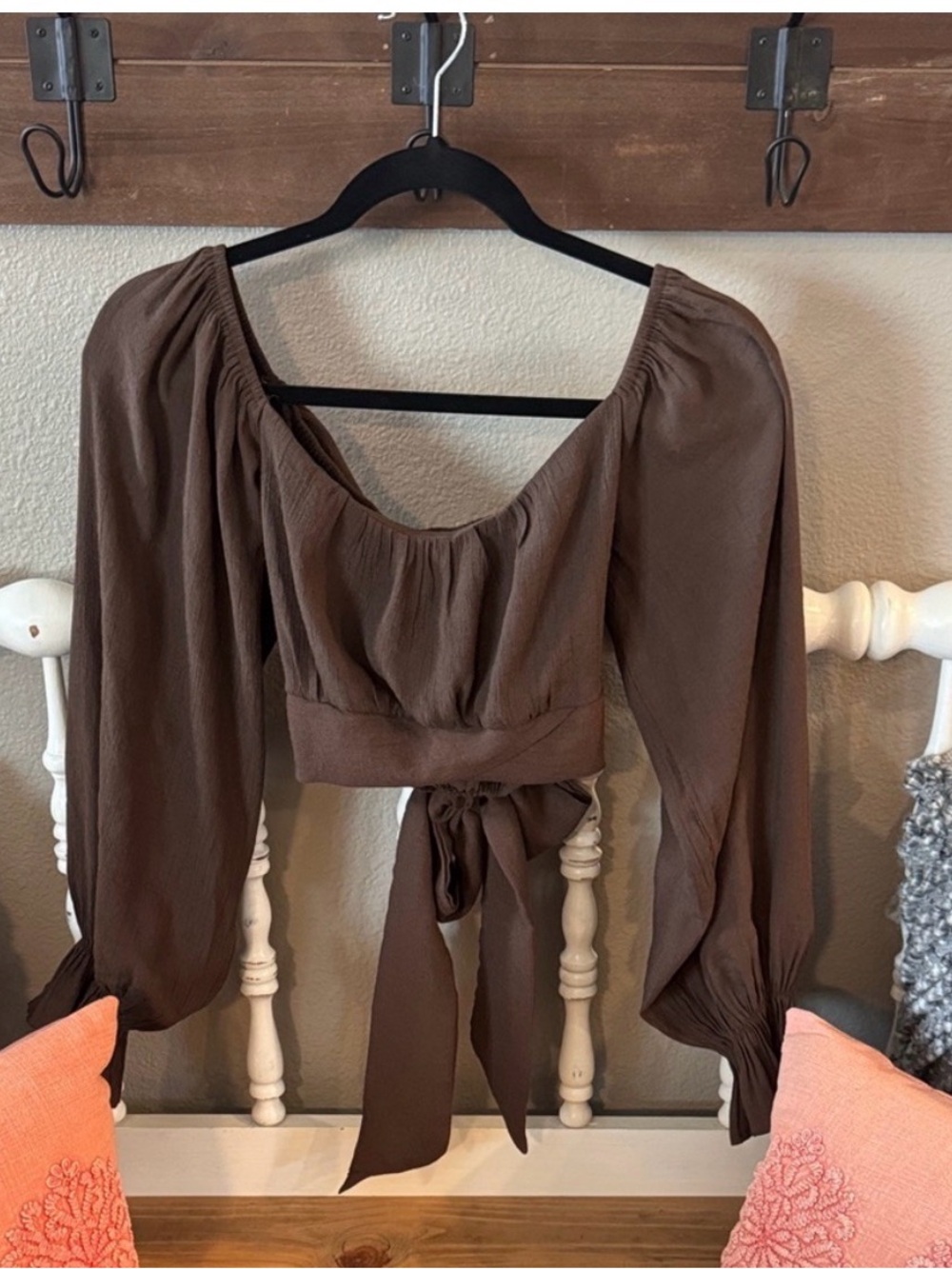 Brown Long-Sleeve Tie-Back Crop Top large